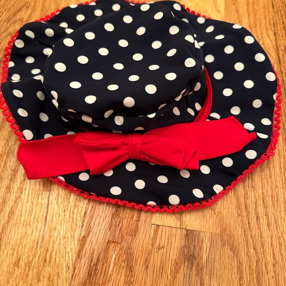 Navy & White Polka Dot 1 Piece Swimsuit Swim Hat Red Bow Size 2 Azul Swimwear 2t - Picture 7 of 9